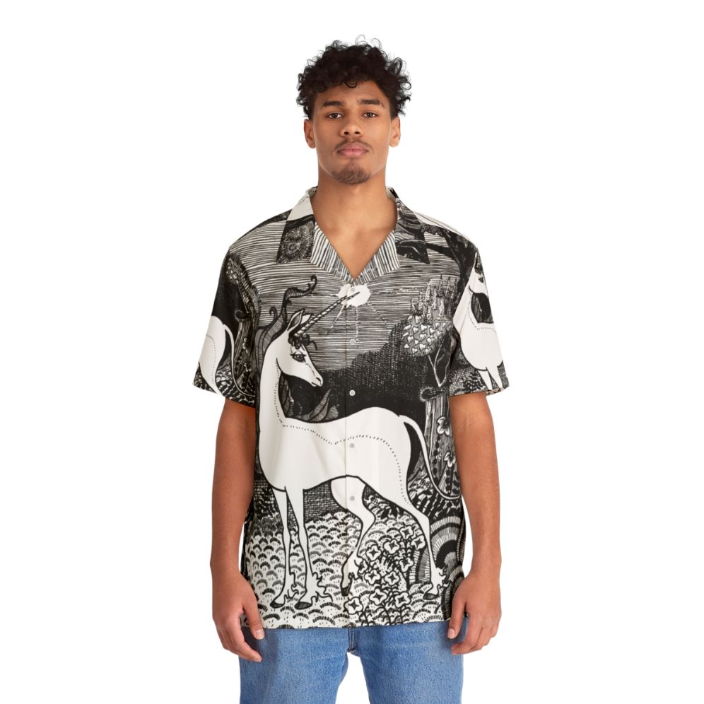 Enchanting 'The Last Unicorn' fantasy Hawaiian shirt with whimsical forest and unicorn design - People Front