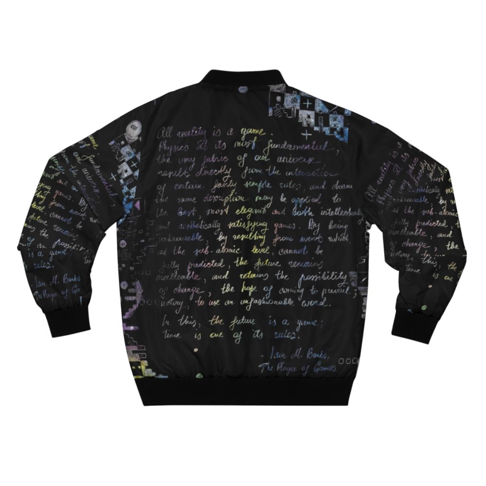 A retro-styled bomber jacket featuring a doodle design and quotes from the sci-fi novel "The Player of Games" by Iain M. Banks. - Back