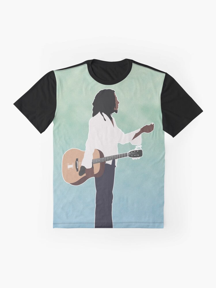 Bob Marley graphic t-shirt featuring the legendary Jamaican reggae artist and his iconic lyrics and imagery - Flat lay