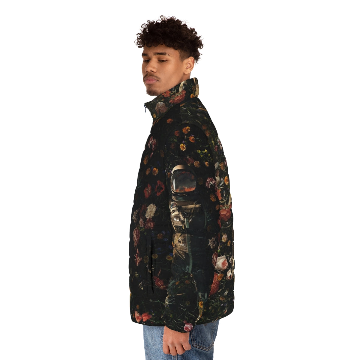 Puffer jacket with cosmic garden and surreal floral design - men side left