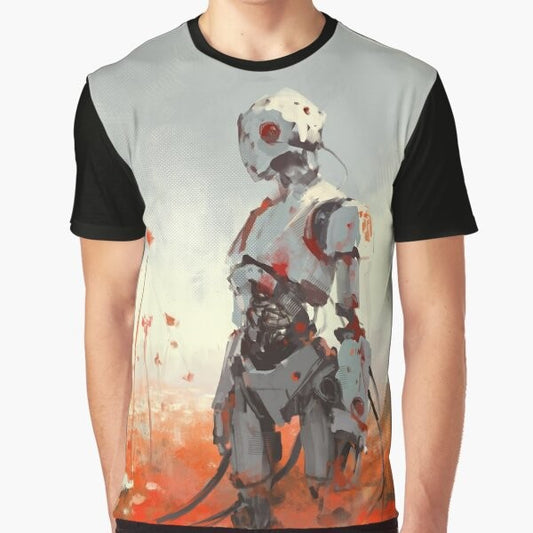 A graphic t-shirt featuring a robot surrounded by colorful flowers in a sci-fi, cyberpunk style.