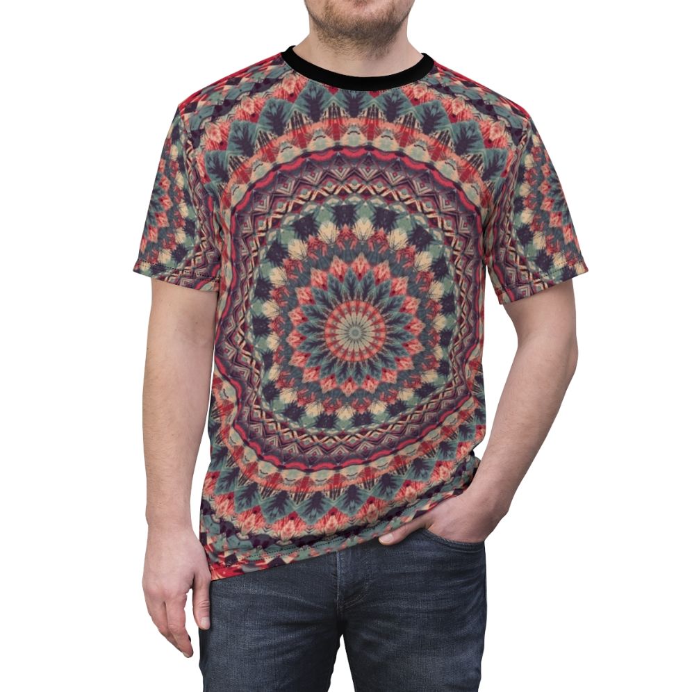 Colorful mandala t-shirt featuring sacred geometry patterns and nature-inspired designs - men front