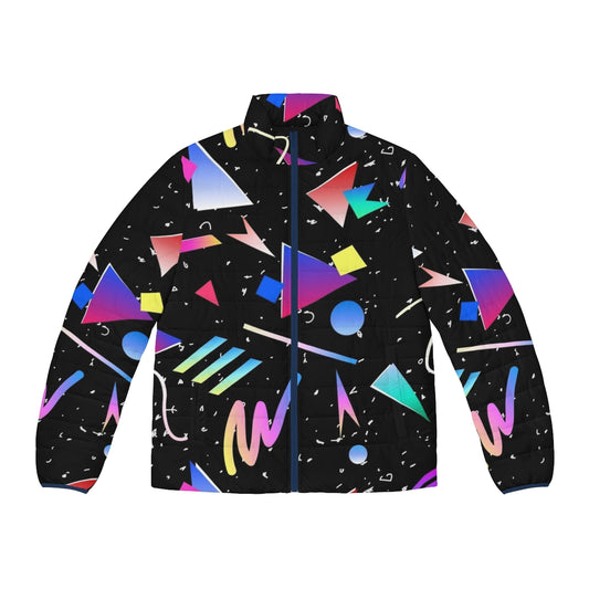 Black puffer jacket with abstract 90s 80s retro pattern