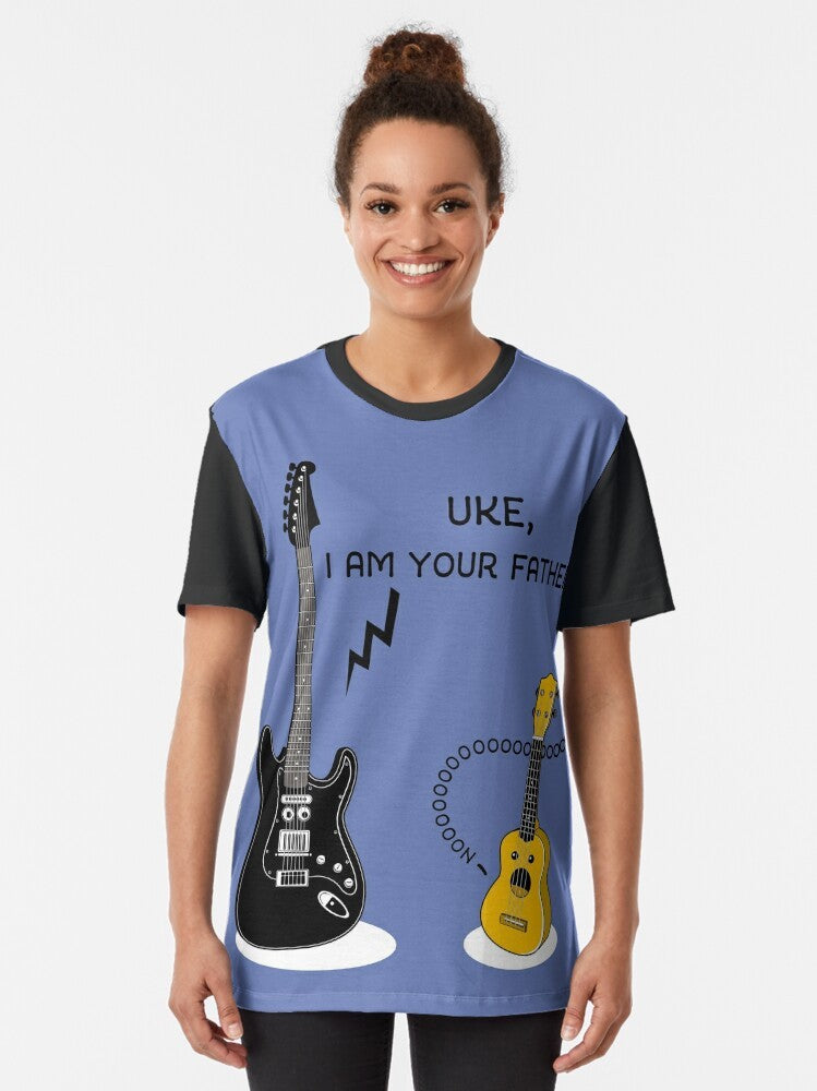 Graphic t-shirt with text "Uke, I am your Father!" and a ukulele design - Women