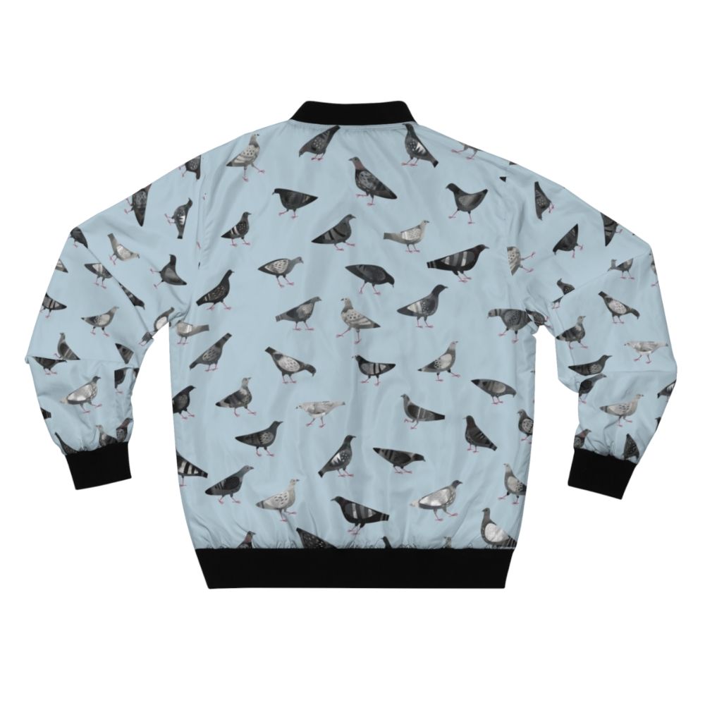 Bomber jacket featuring a pattern of urban pigeons/doves in shades of gray - Back