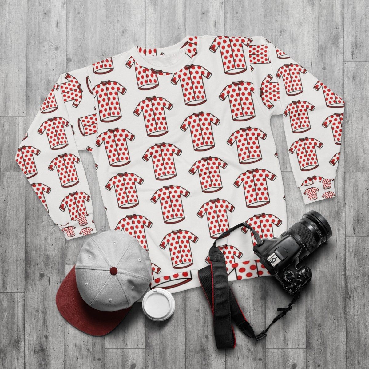 Polka dot cycling jersey sweatshirt for outdoor bike riding and mountain climbing - flat lay