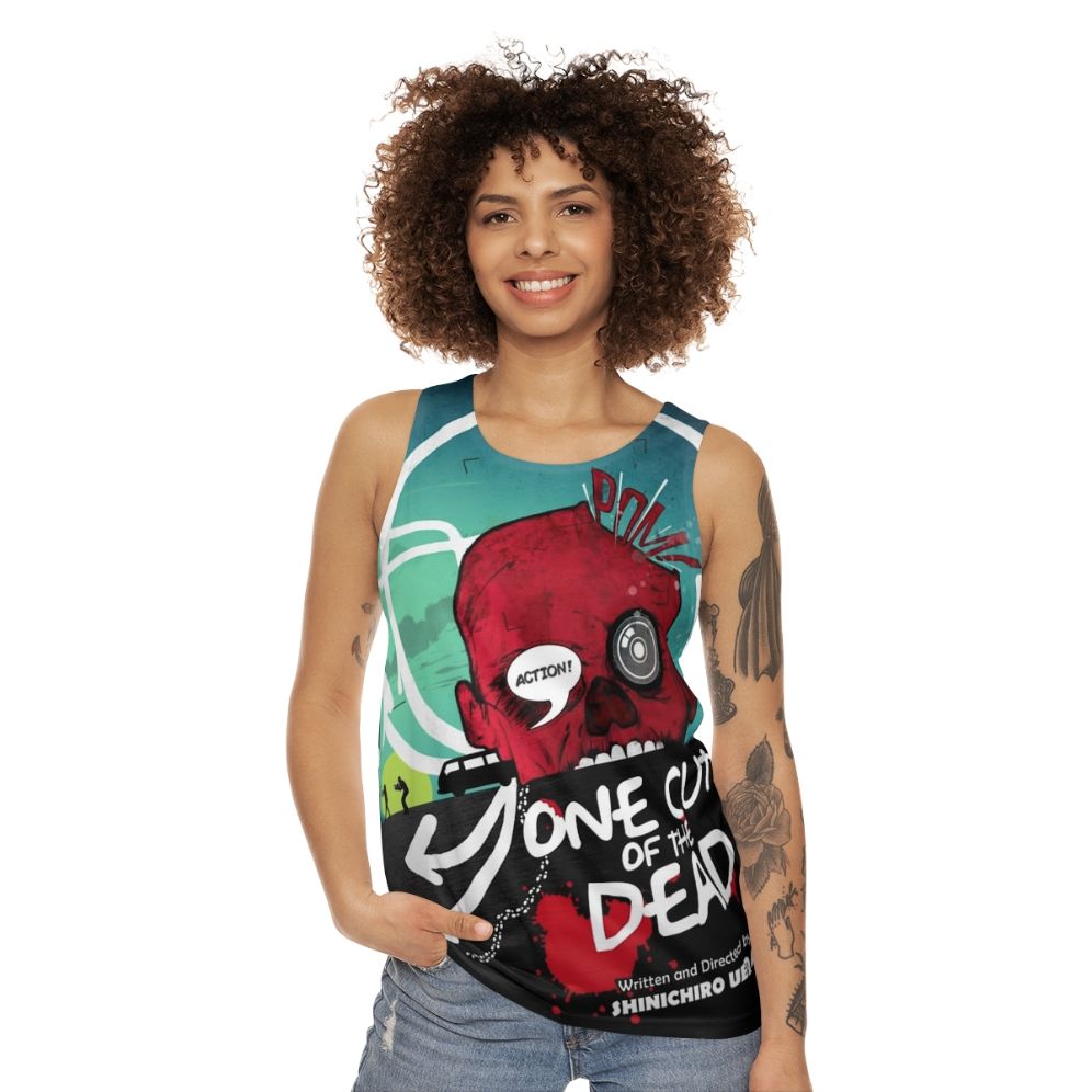 One Cut of the Dead unisex tank top featuring a zombies parody design - women