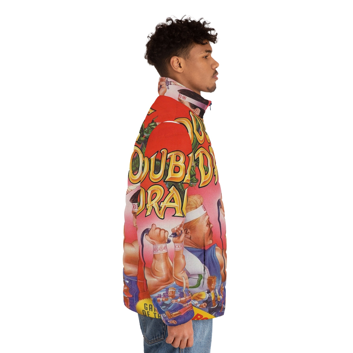 Double Dragon inspired puffer jacket with retro video game graphics - men side right