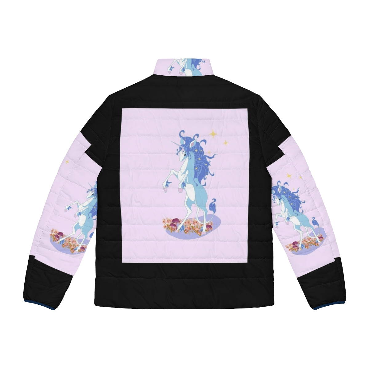 A whimsical puffer jacket featuring the iconic unicorn from the beloved fantasy film The Last Unicorn. - Back