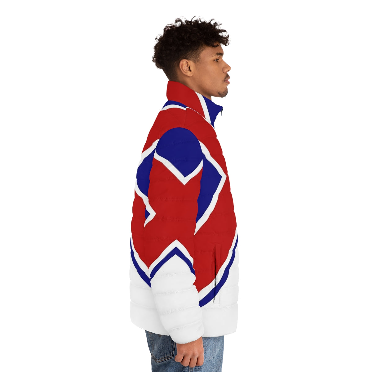 Union Cross Puffer Jacket featuring British superhero Captain Britain from Marvel Comics - men side right