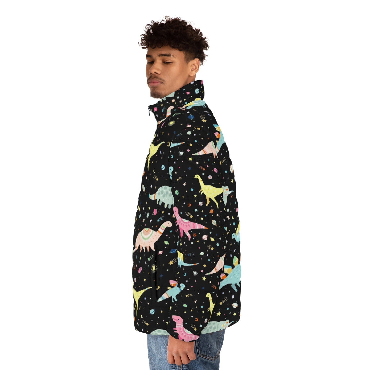 Dinosaur puffer jacket with colorful prehistoric pattern - men side left