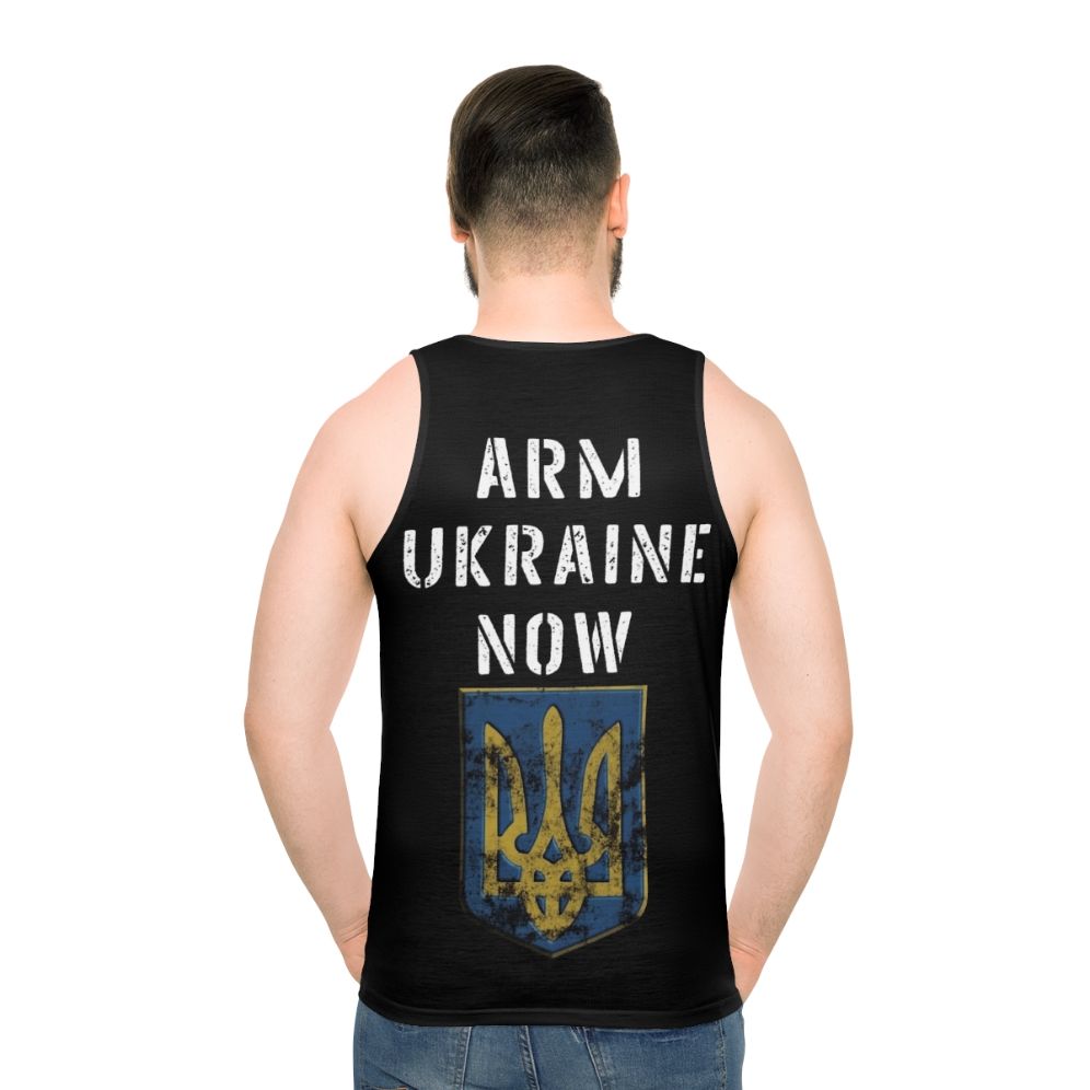 Unisex tank top in blue and yellow colors, featuring "Arm Ukraine Now" text and Ukrainian symbols - men back