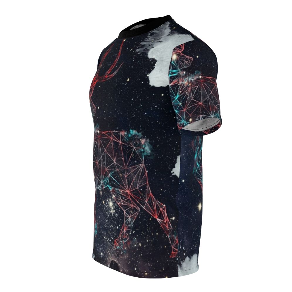 Celestial deer graphic design on a t-shirt, featuring a deer silhouette in a galaxy background with stars and geometric patterns. - men left