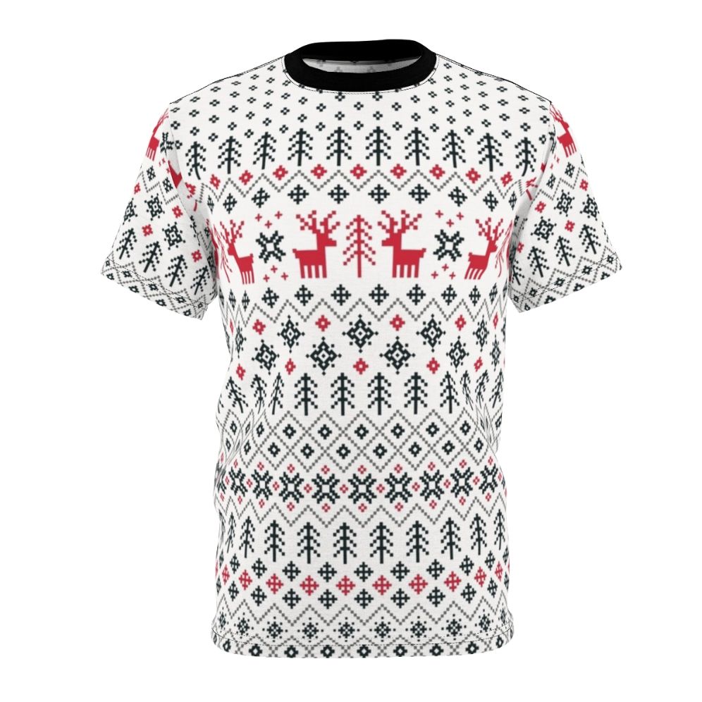 A graphic t-shirt featuring a cozy, retro-inspired holiday sweater pattern design.