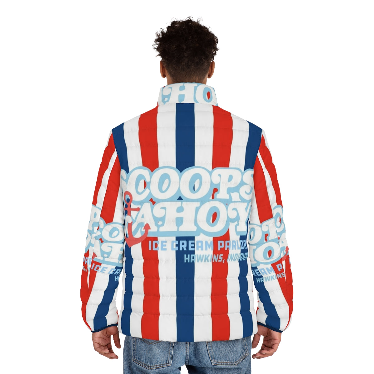 Scoops Ahoy Ice Cream Puffer Jacket featuring Stranger Things characters - men back