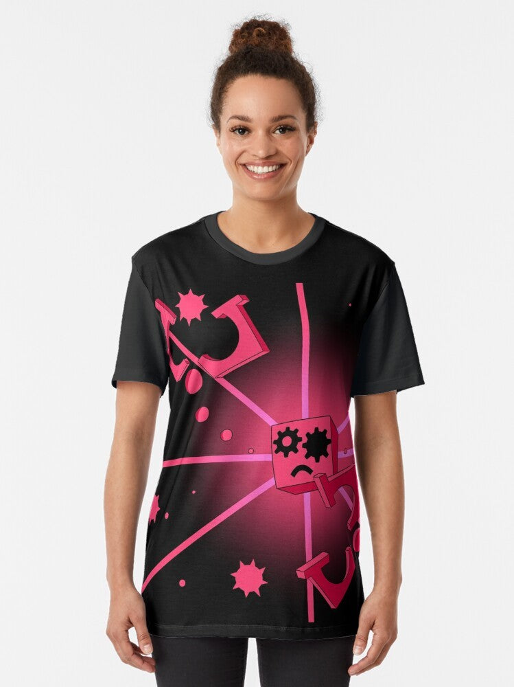 Close to Me graphic t-shirt featuring a cube design in pink and white colors, inspired by the video game Just Shapes and Beats - Women