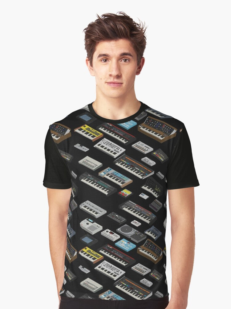 Retro-style graphic t-shirt featuring a synthesizer and electronic music elements - Men