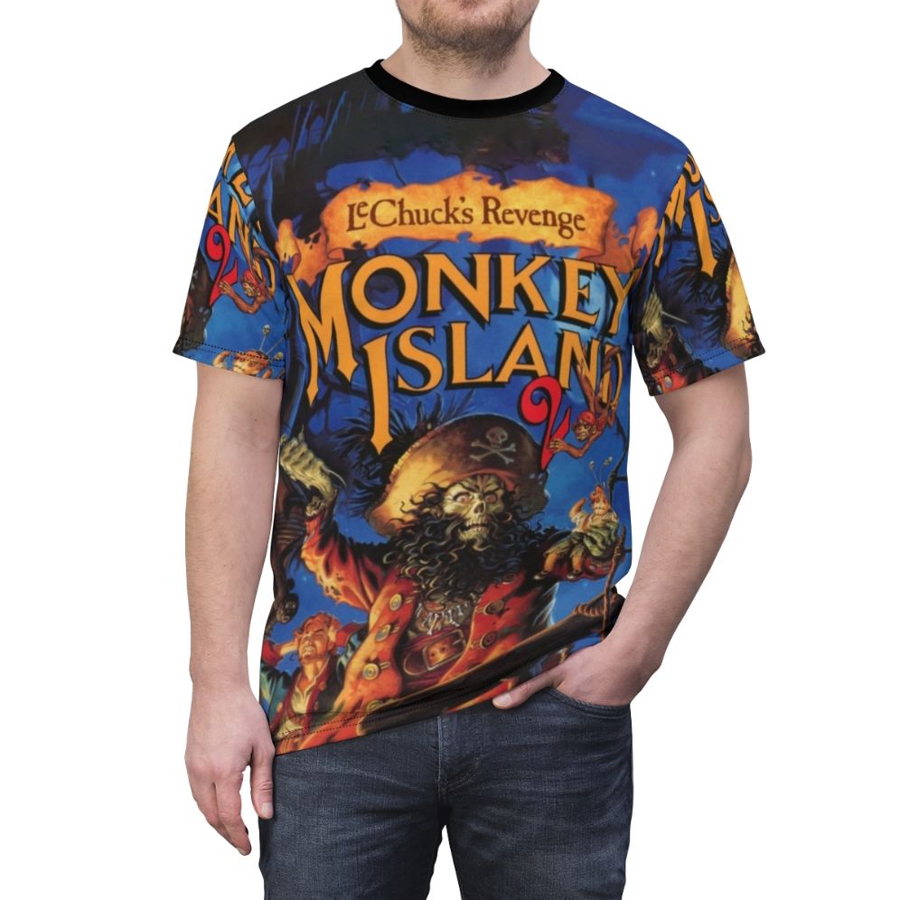 Retro video game t-shirt featuring Guybrush Threepwood and the Three-Headed Monkey from Monkey Island 2: Lechuck's Revenge - men front