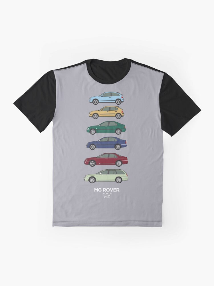 Graphic t-shirt featuring the iconic Rover 25, 45, and 75 classic cars - Flat lay