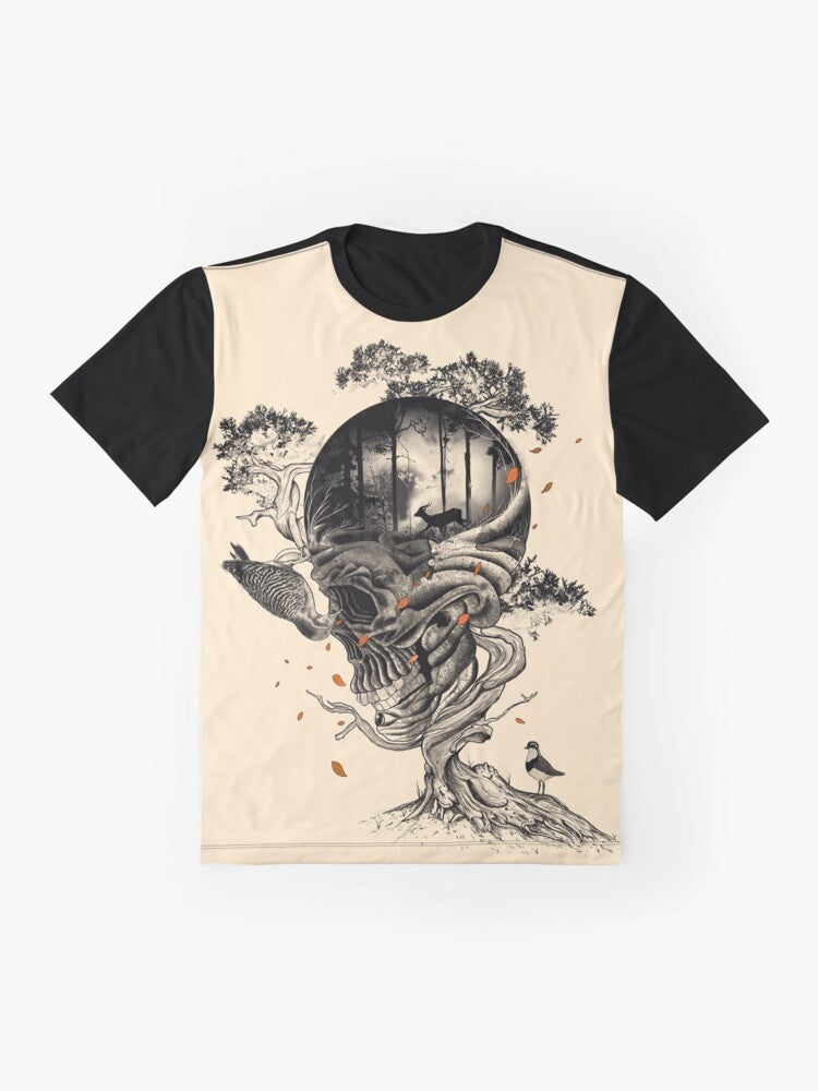 Lost Translation graphic t-shirt featuring a surrealist design with a skull, flora, deer, and other nature elements in black, white, and red. - Flat lay