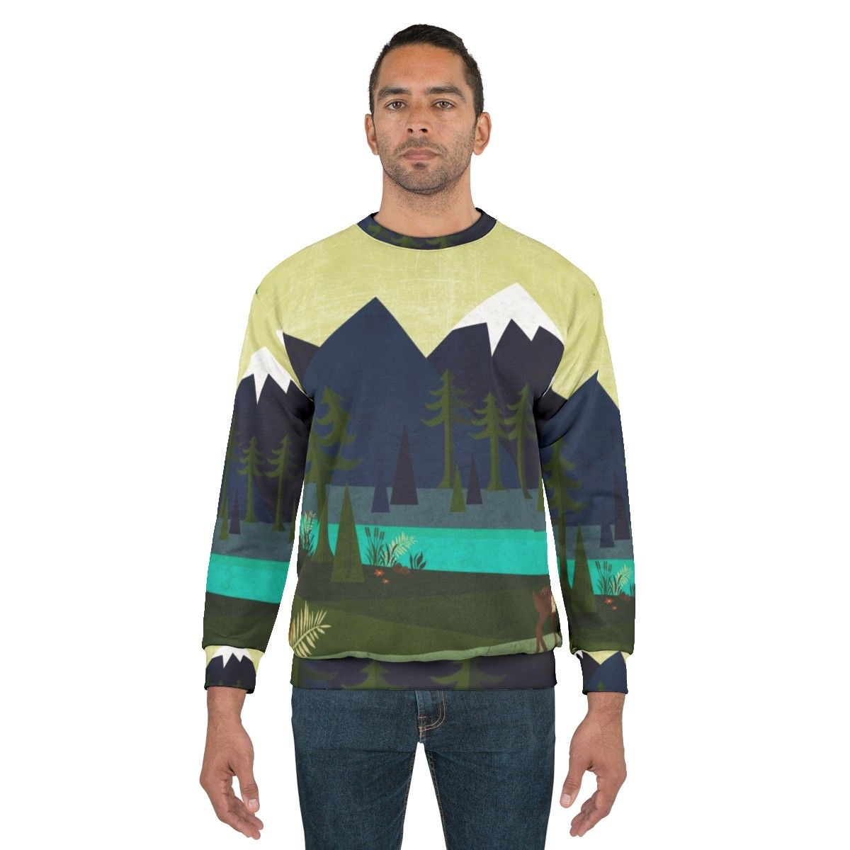 Outdoor Adventure Landscape Sweatshirt with Deer Design - men