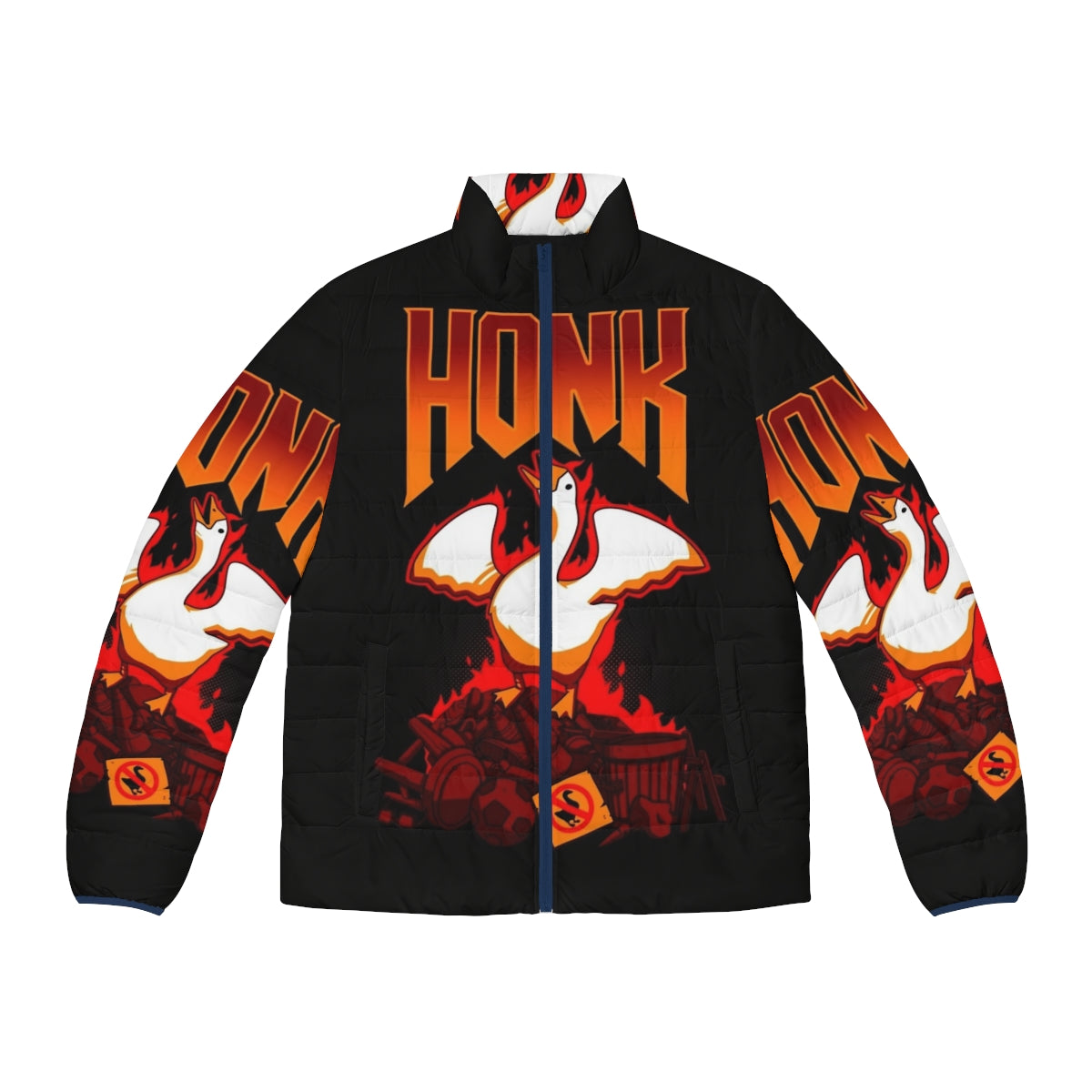 Honk Puffer Jacket featuring a gaming goose graphic for gamers and geeks