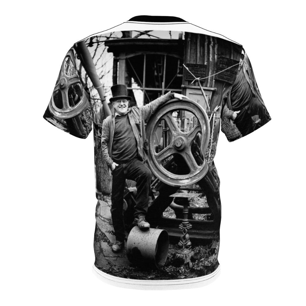 Vintage-style t-shirt with steeplejack, steam, and industrial design elements inspired by the life and work of Fred Dibnah. - Back