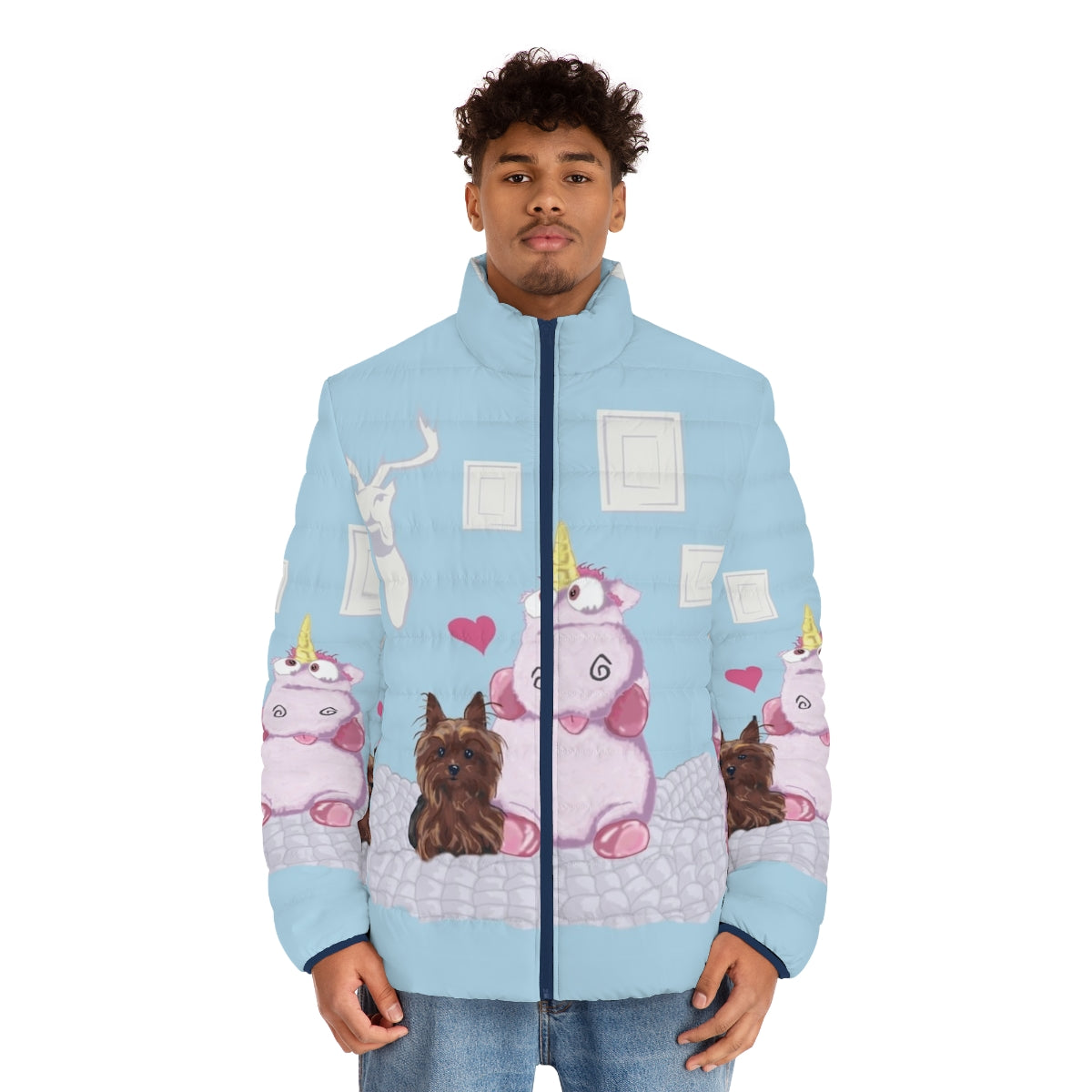 A cozy puffer jacket with a nice family portrait and a cute plush unicorn toy - men front