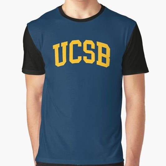 UCSB - Santa Barbara Gauchos Graphic T-Shirt with a curved font design in yellow and navy colors