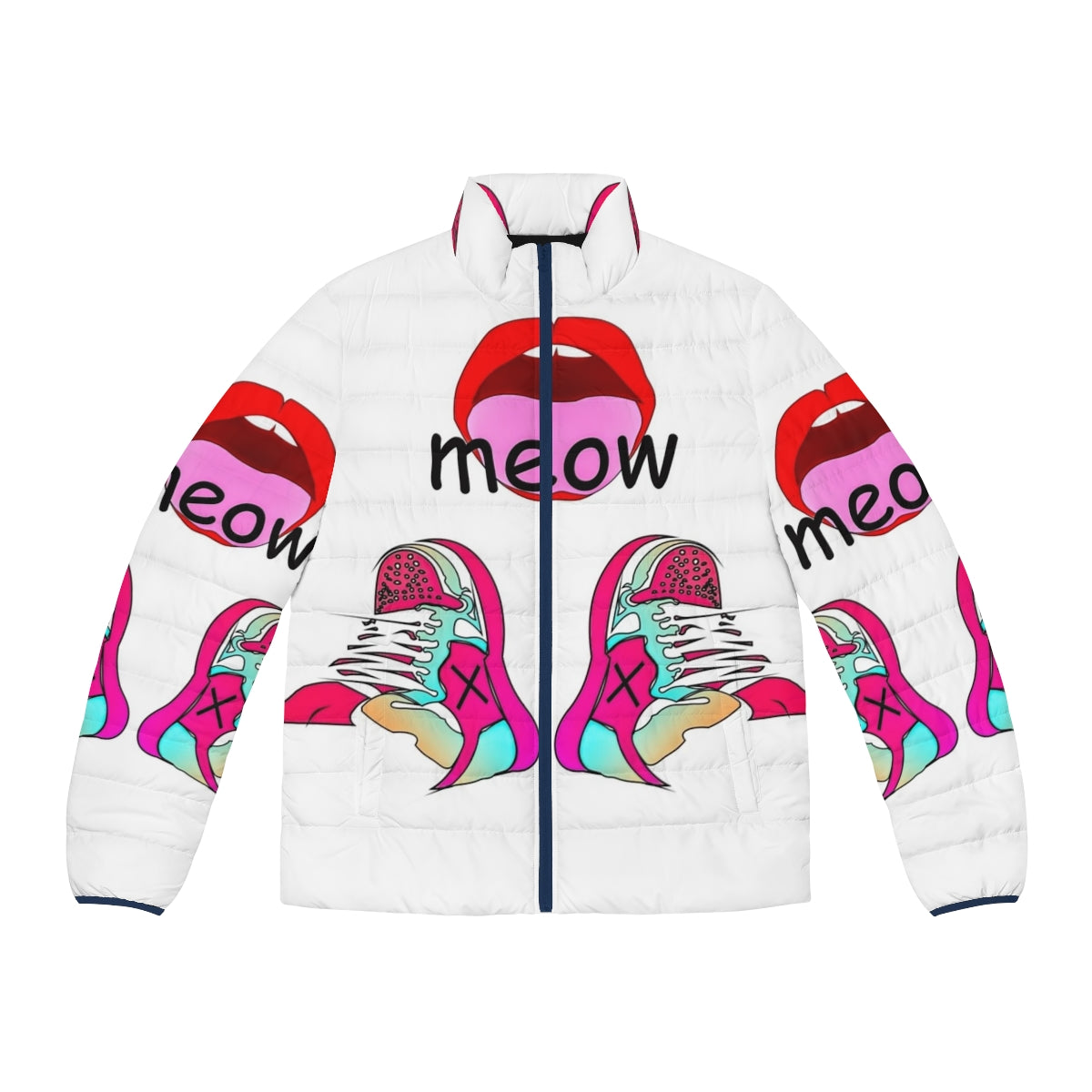 Meme puffer jacket featuring vibrant graphic design and trendy pop culture elements