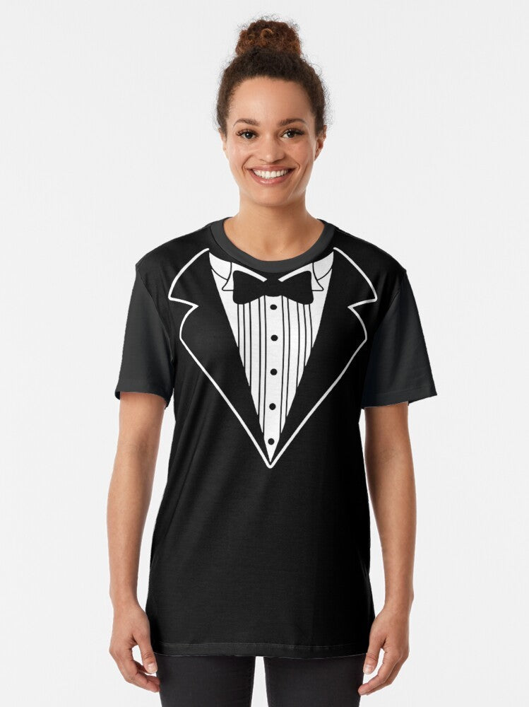 Fake tuxedo costume graphic t-shirt with a tie design - Women