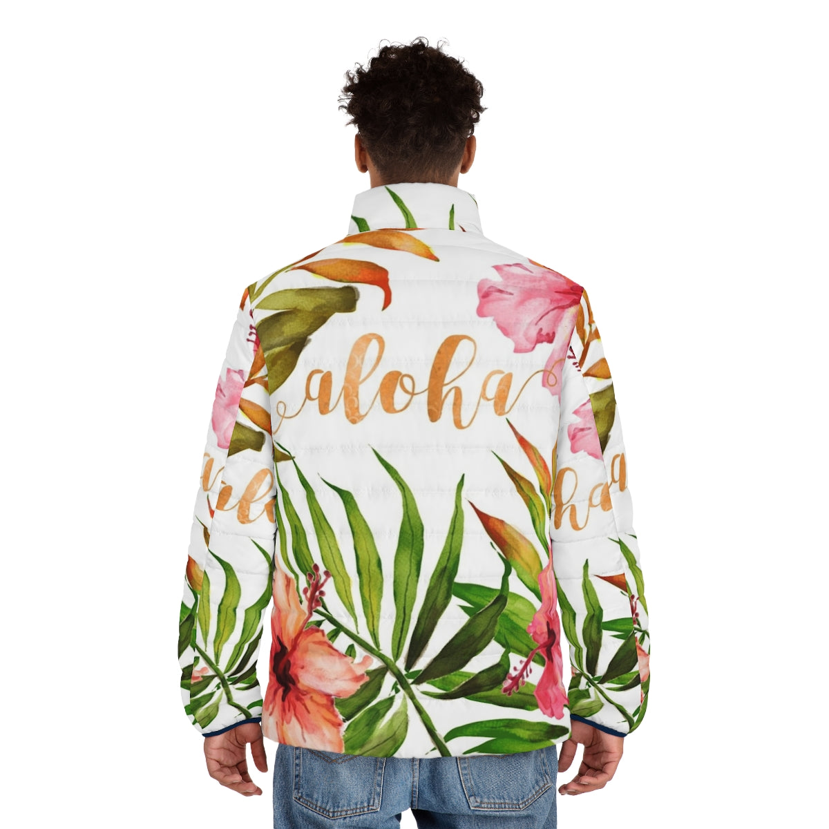 Tropical watercolor floral patterned puffer jacket - men back