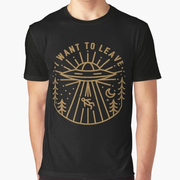 "The X-Files inspired 'I Want to Leave' graphic t-shirt featuring sci-fi and pop culture elements."