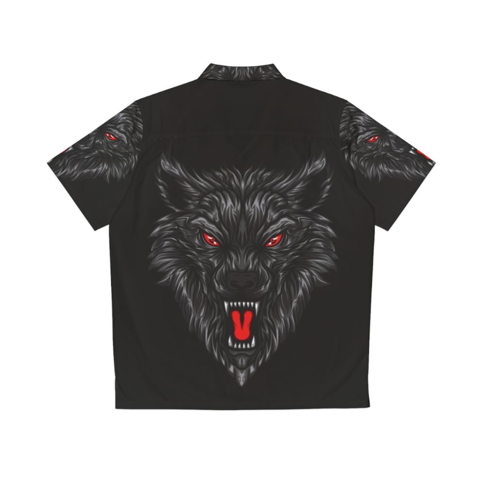 Savage wolf with black fur and red eyes printed on a Hawaiian style shirt - Back