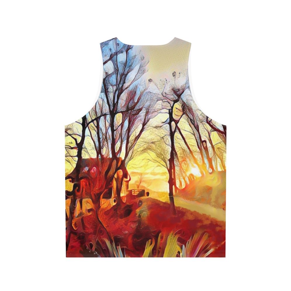 Unisex tank top with a serene mountain landscape and sunrise over trees design - Back