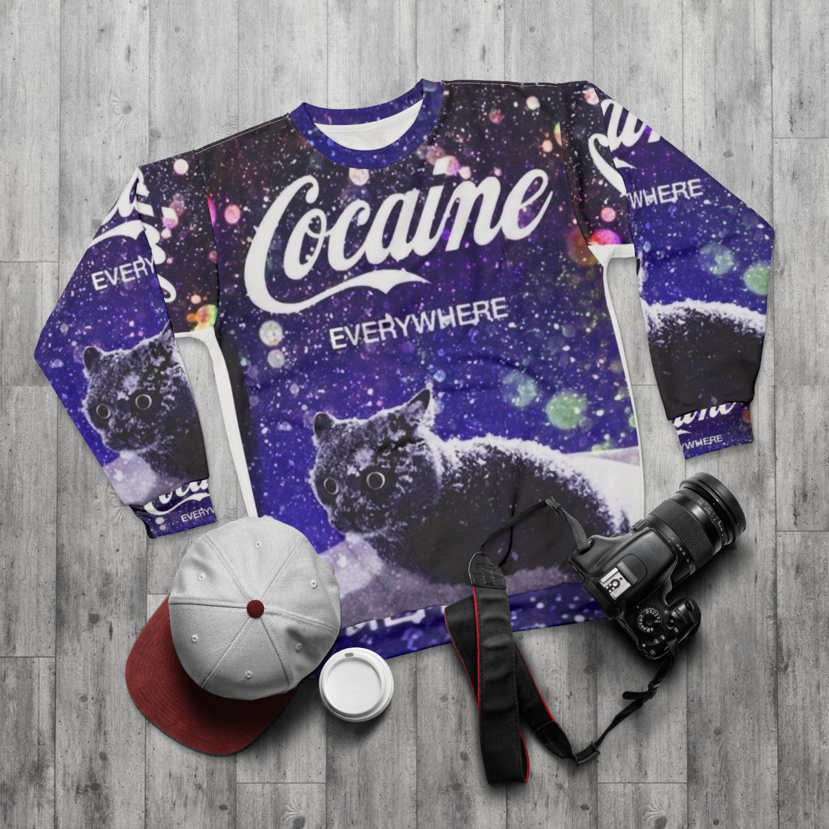 Cocaine Cat Sweatshirt with Quirky Cat Graphic - flat lay