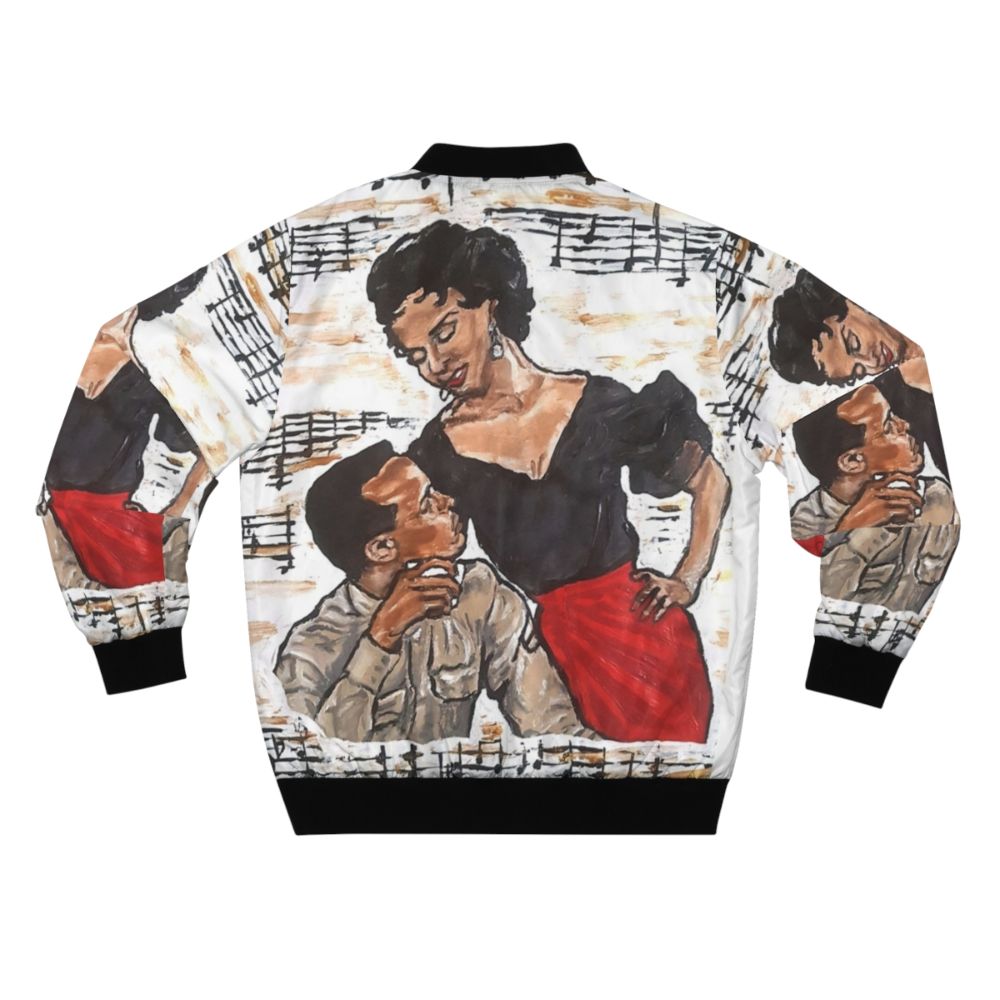 Vintage black bomber jacket featuring the iconic characters from the classic film Carmen Jones, showcasing black love and glamour. - Back