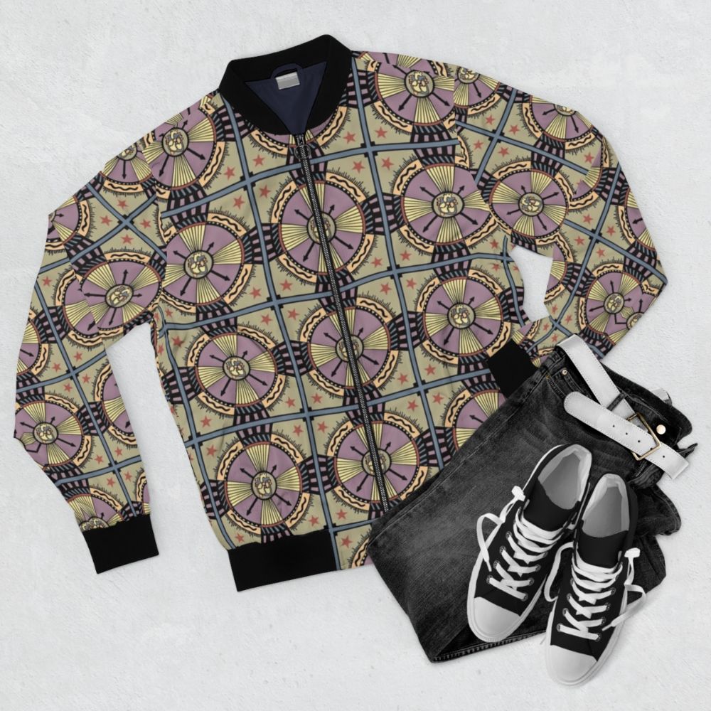 Heartifact Bomber Jacket featuring a visionary heart design - Flat lay