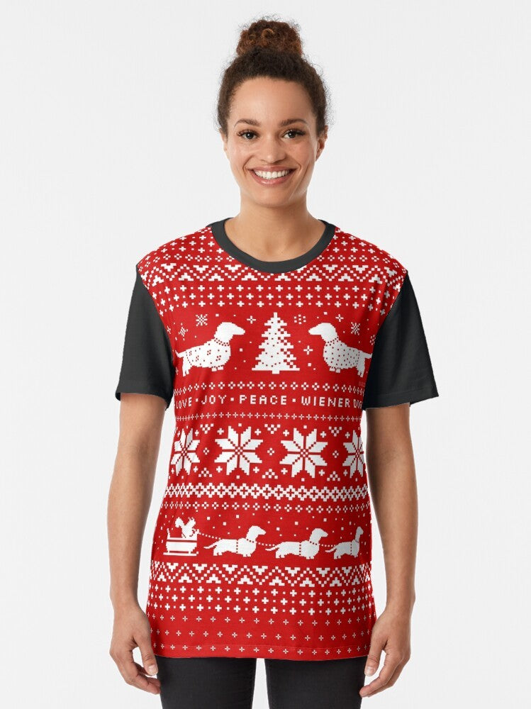 Dachshund wearing a Christmas sweater pattern graphic t-shirt - Women