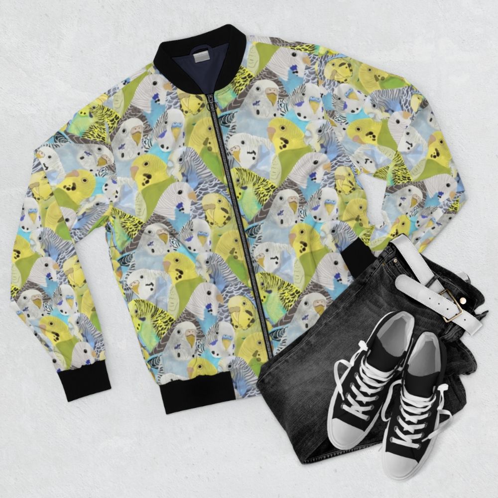 Budgie parakeet bomber jacket with colorful bird pattern - Flat lay