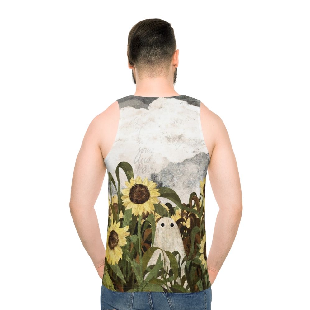 Vintage ghost in a sunflower field unisex tank top - men back