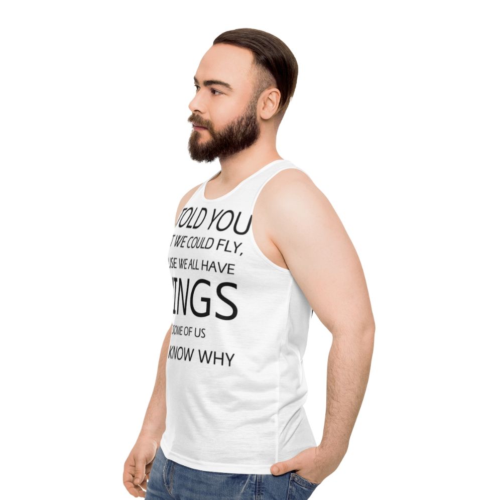 Unisex retro-style tank top with "Never Tear Us Apart" music quote - men side