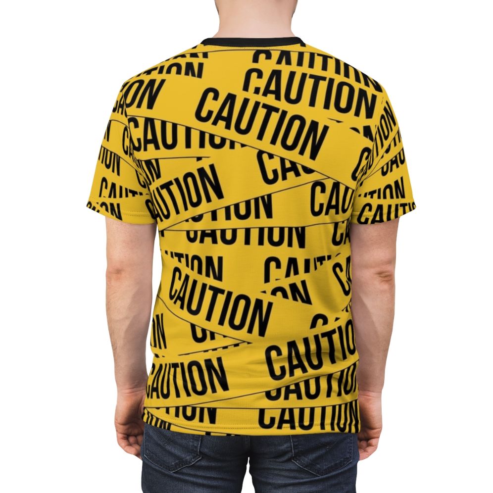 Caution-themed t-shirt with police tape, danger zone, and warning sign graphics - men back