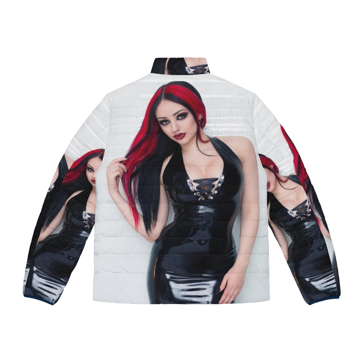 Dani Divine wearing a stylish latex puffer jacket, a unique alternative fashion piece - Back