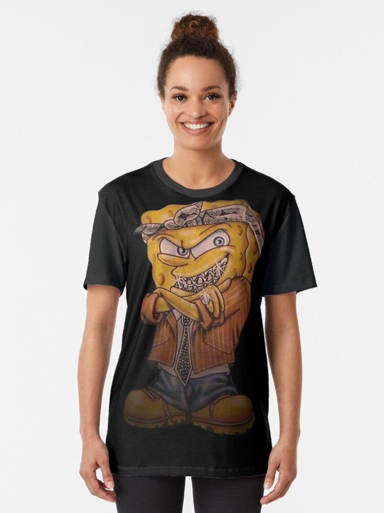 Spongebob Squarepants in a gangster-inspired outfit, wearing a tie, bandana, and grillz, with the text "Gangster Spongebob Graphic T-Shirt". - Women