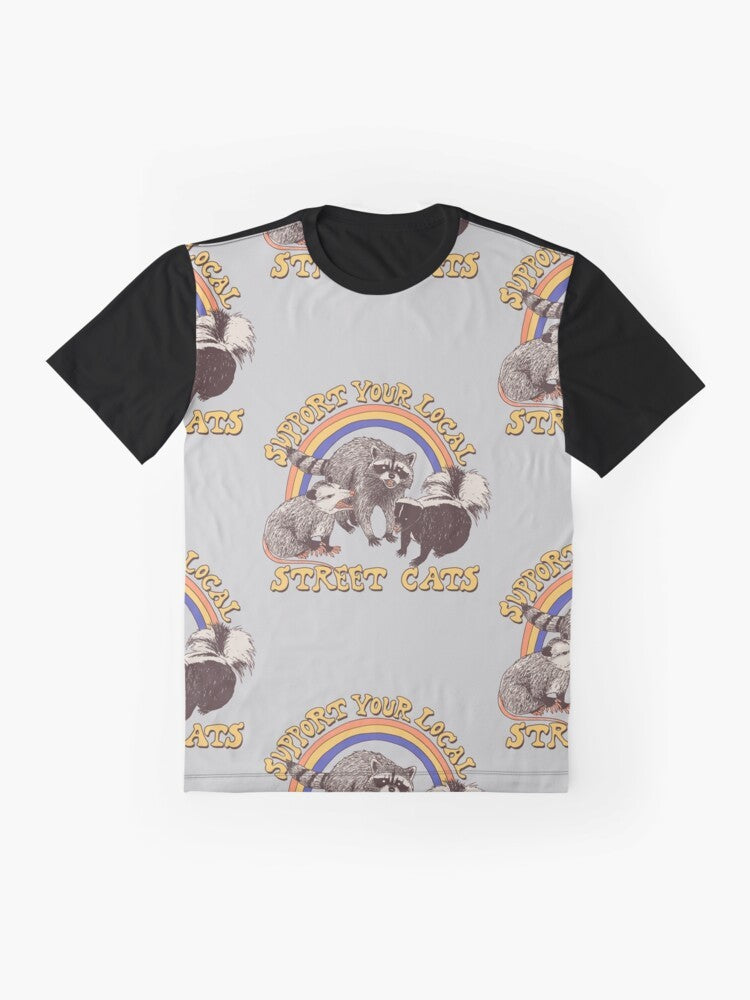 Retro-style graphic t-shirt featuring a design of various street cats, including cats, kittens, possums, skunks, and raccoons. - Flat lay