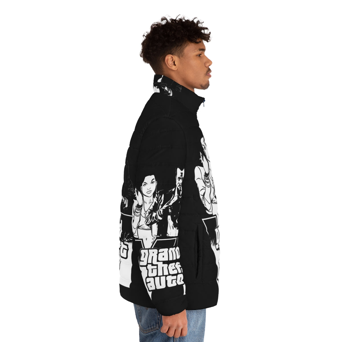 Grand Theft Auto inspired puffer jacket featuring classic gaming graphics and nostalgia - men side right