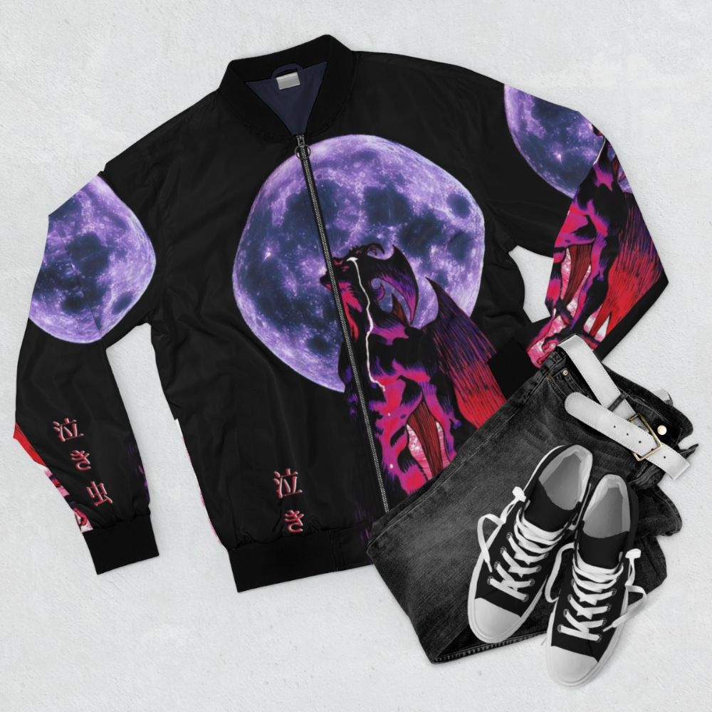 Akira Devilman Crybaby 90s Aesthetic Bomber Jacket with Glitter, Moon, and Sea Imagery - Flat lay