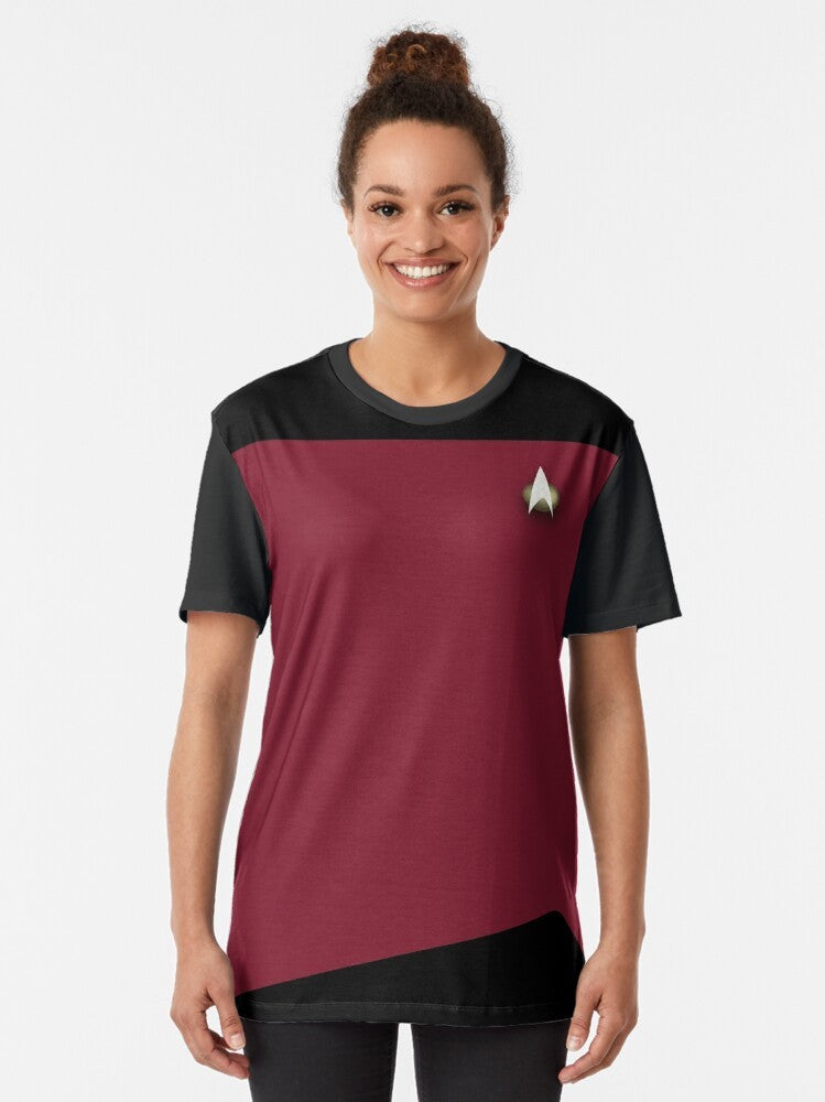 Futuristic command graphic t-shirt with science fiction and space travel design - Women