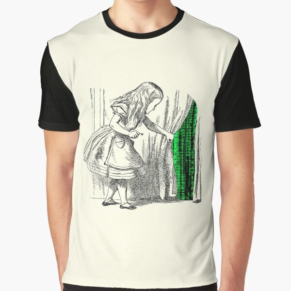 "Follow the White Rabbit" graphic t-shirt with Alice in Wonderland and Matrix inspired design